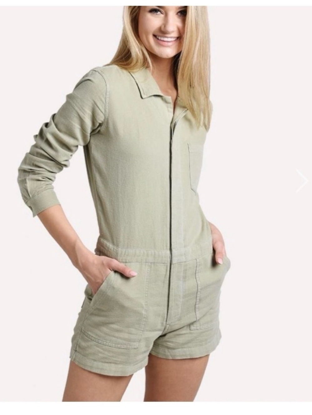 MONROW Sage Green Cotton Button Down Romper Size L. NWT